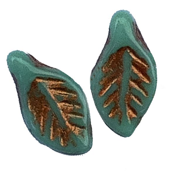 GL1661 12x6mm Teal with Copper Cross-hole Leaf Beads