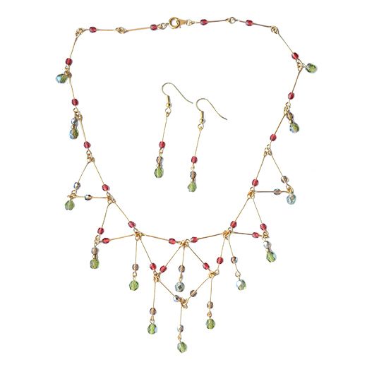 Lydia Necklace and Earrings in Red, Olive and Gold