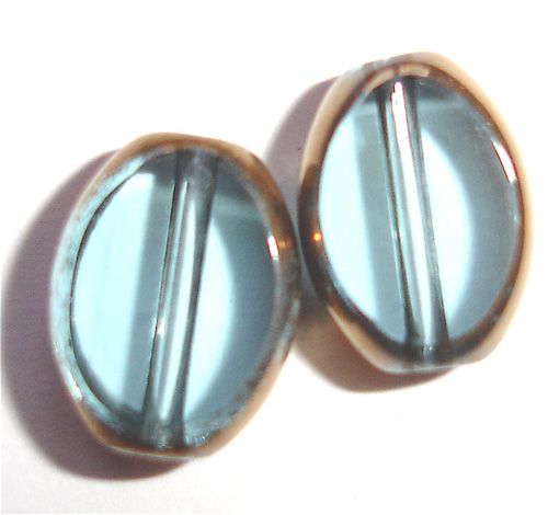 GL2954 10x8mm flat pale blue glass oval with bronze edging