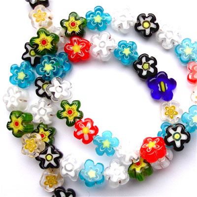 GL2970 String of 8mm multicoloured decorated flower shaped beads
