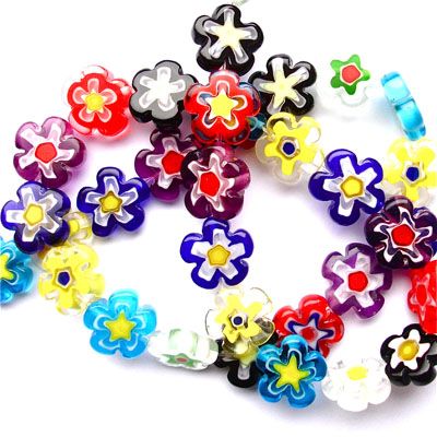 GL2971 String of 12mm multicoloured decorated flower shaped bead