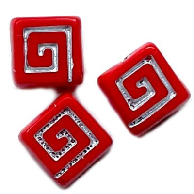 GL6352 Red 9mm Greek Key Pattern Tile Bead