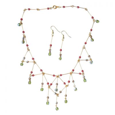 Lydia Necklace and Earrings in Red, Olive and Gold