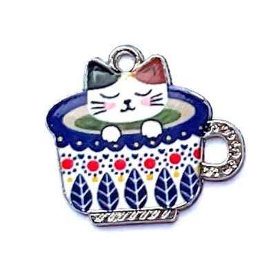 MB575 Black and Brown Ear Kitty in Teacup Charm