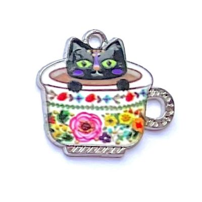 MB576 Black Kitty in Teacup Charm