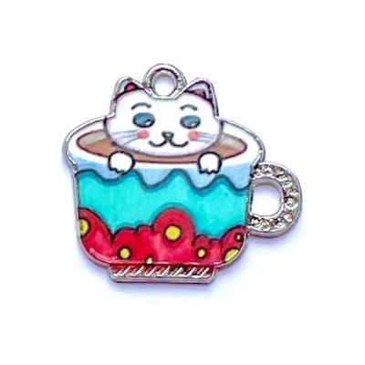 MB577 Kitty in Red & Teal Teacup Charm